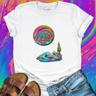 Vibrant surreal oasis swirling cosmic sky white t-shirt for refuge spiritual rest weird home