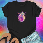 Glowing  pink and purple electric heart black t-shirt for vulnerability and aliveness.