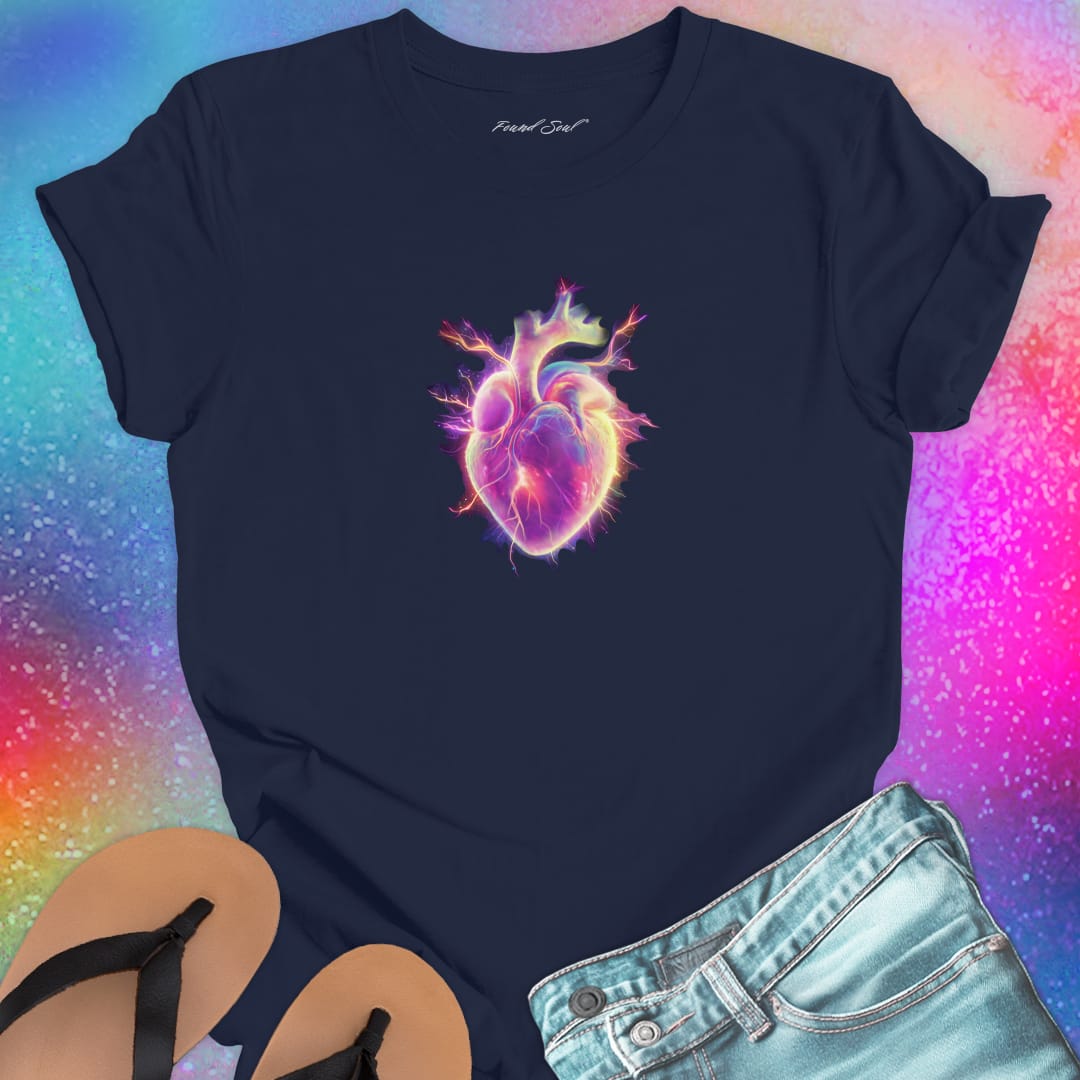 Glowing  pink and purple electric heart navy t-shirt for vulnerability and aliveness.
