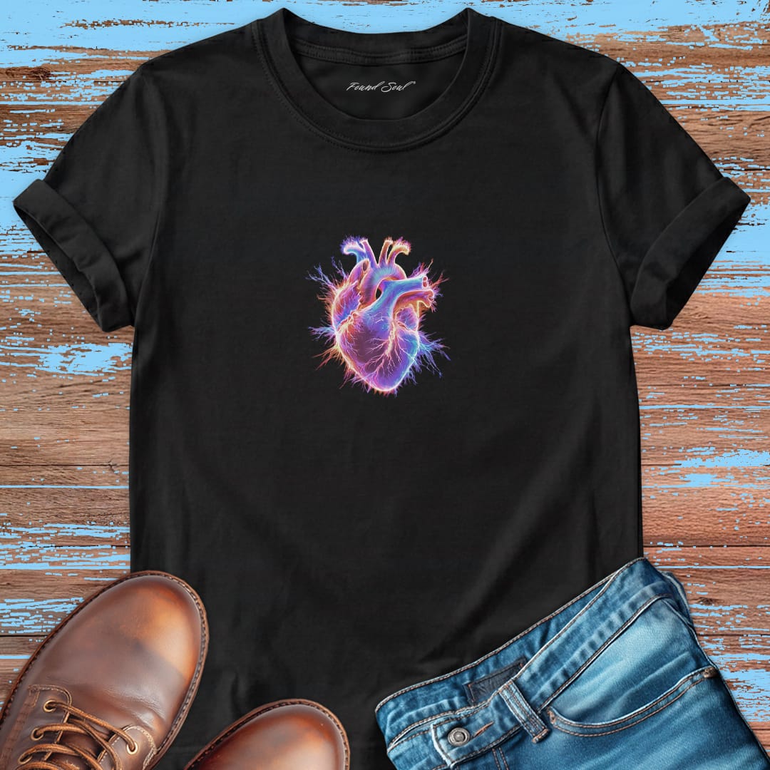 Radiating light from the heart with black t-shirt for inner work and transformation.