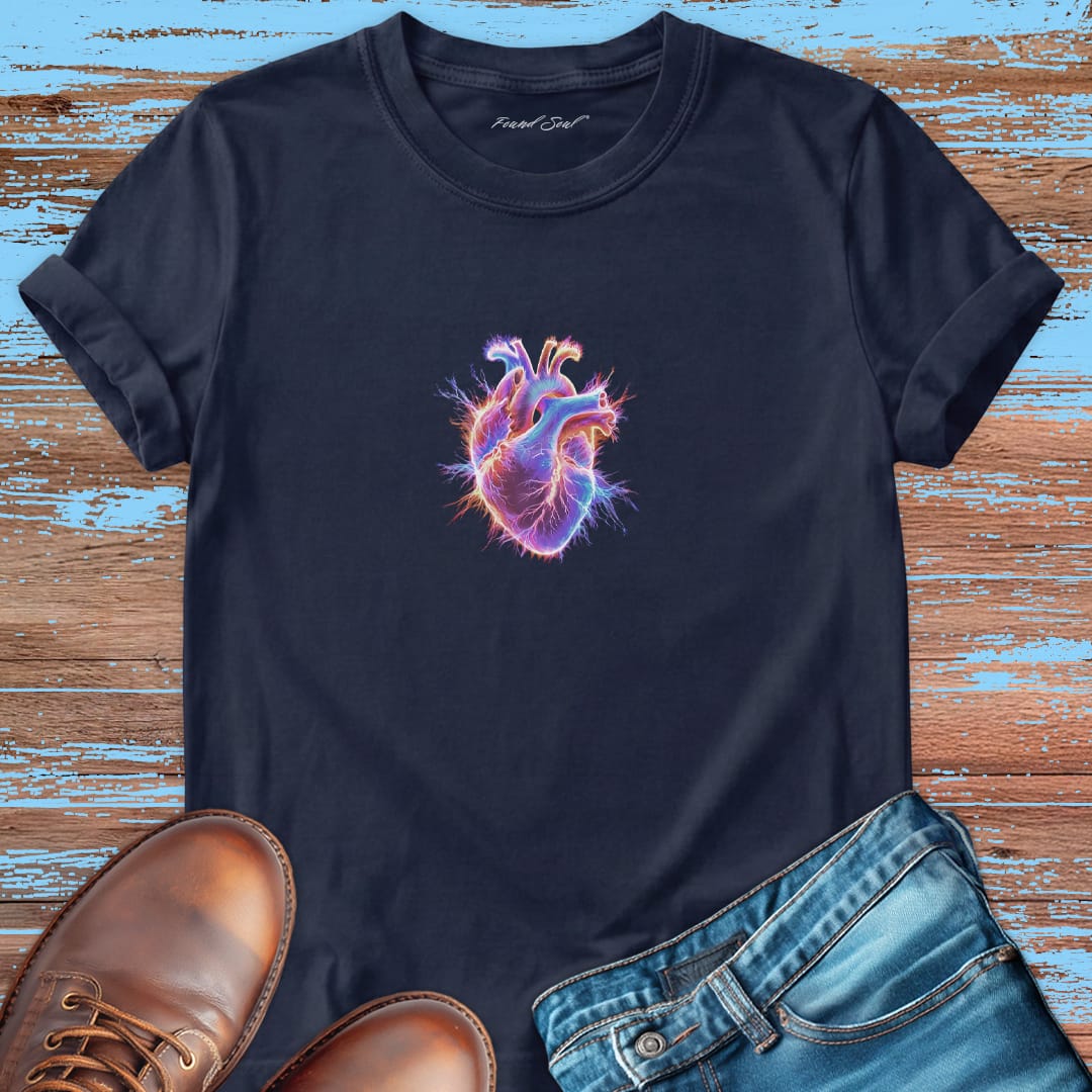Radiating light from the heart with navy t-shirt for inner work and transformation.