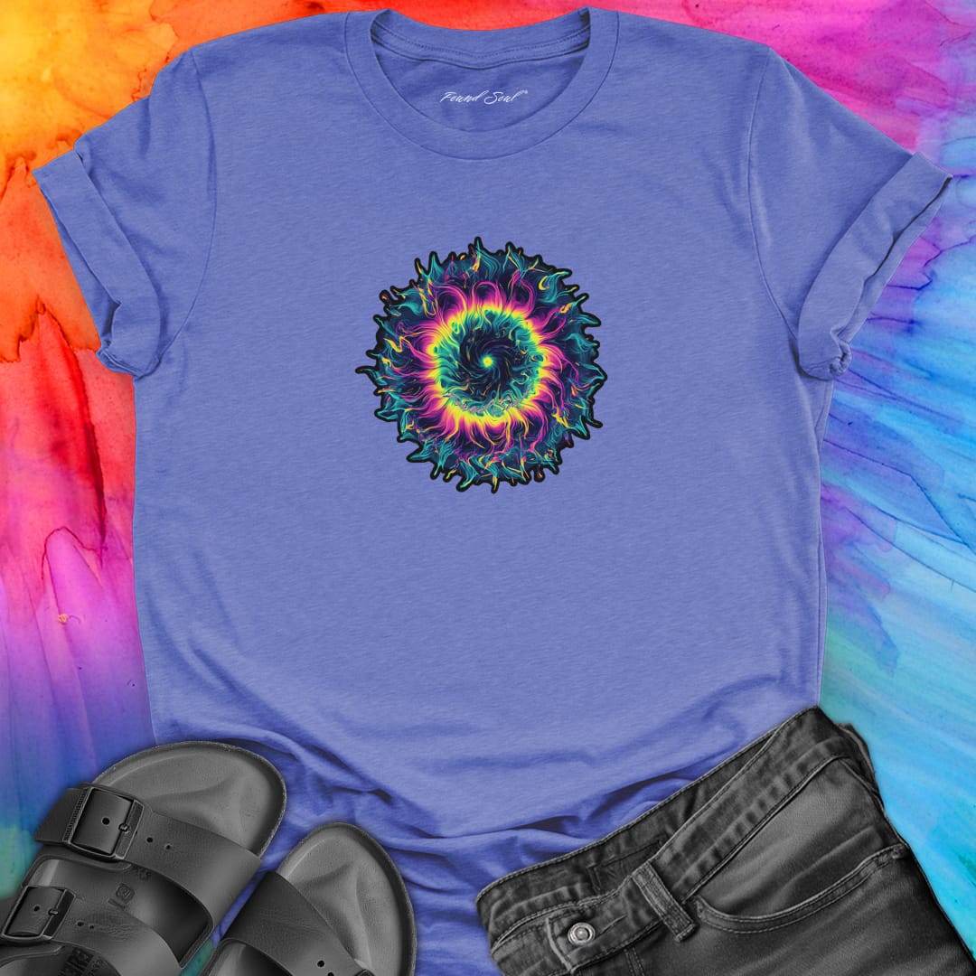 Vibrant rainbow and black spiral mandala on purple t-shirt for energy frequency.