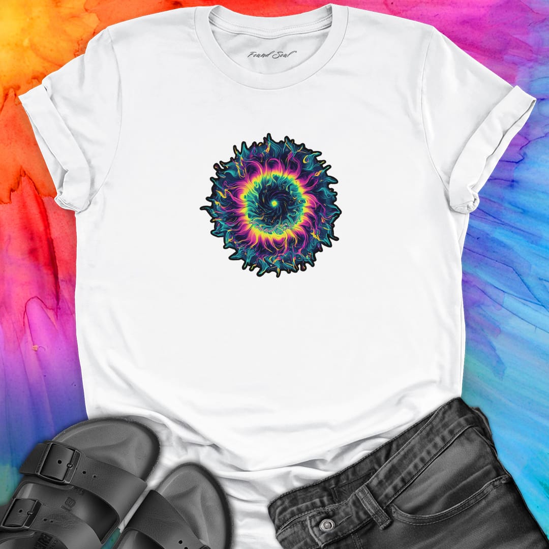 Vibrant rainbow and black spiral mandala on white t-shirt for energy frequency.