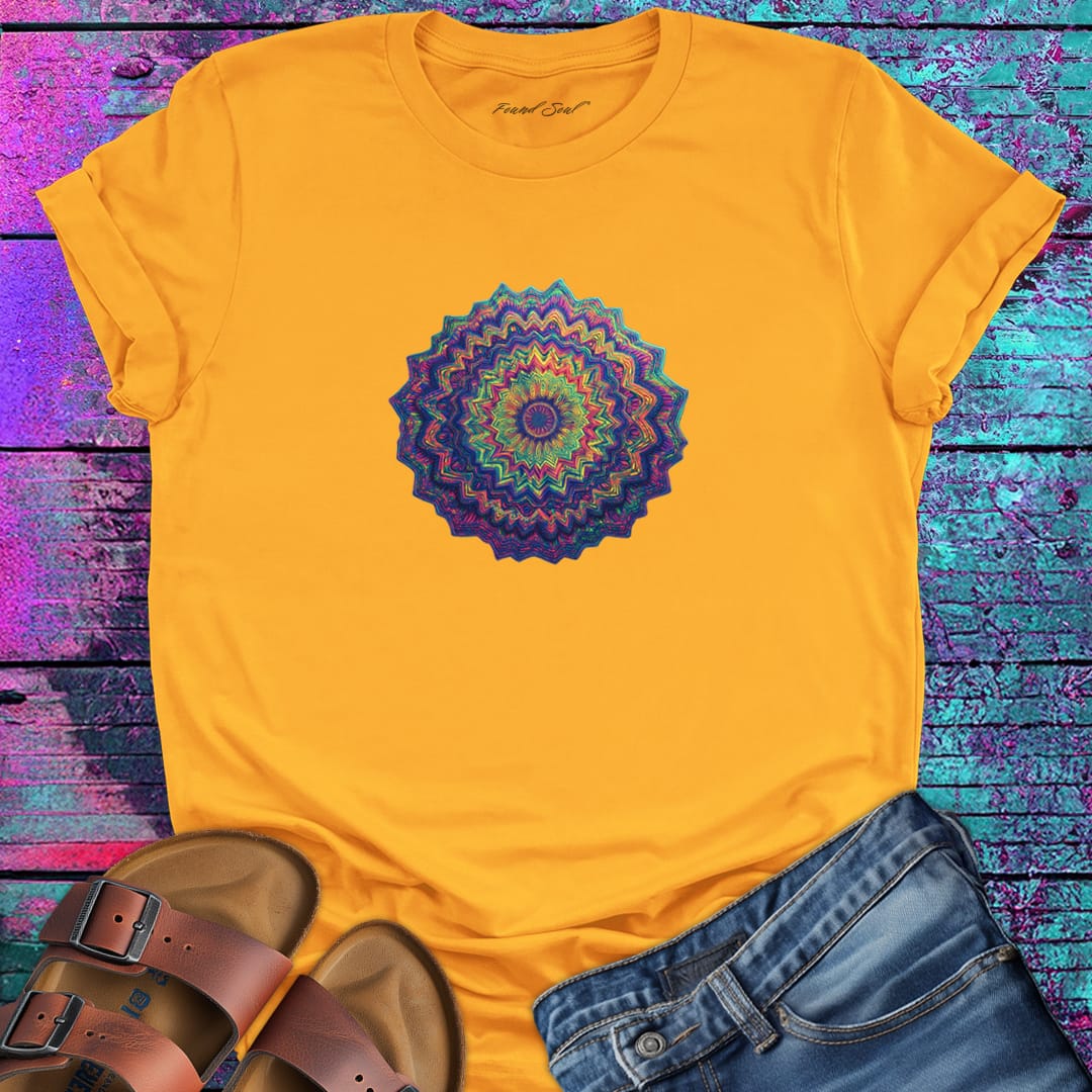 Vibrant layered mandala radiating outward in warm sunset tones yellow t-shirt for energy radiation core pulse spiritual generation