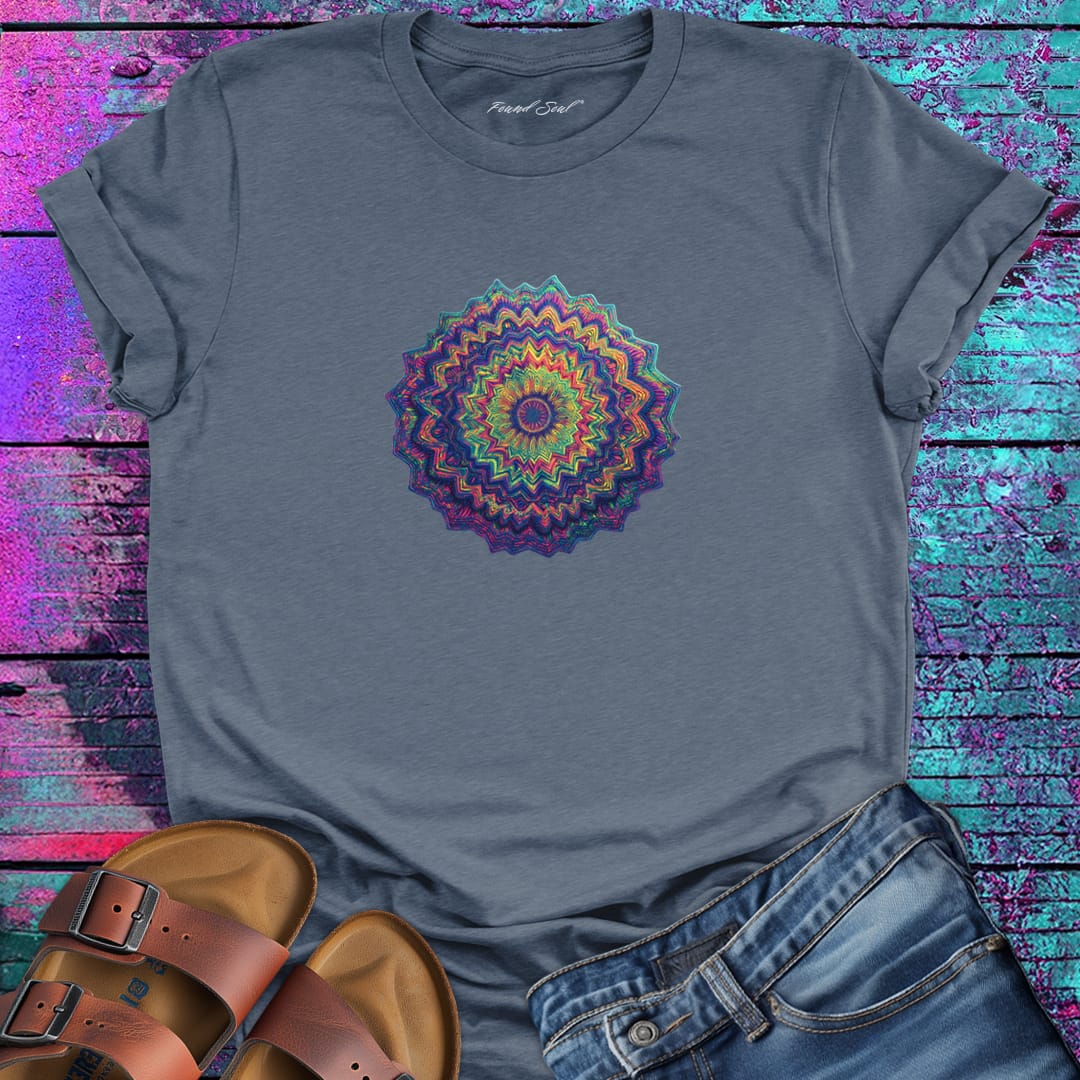 Vibrant layered mandala radiating outward in warm sunset tones grey t-shirt for energy radiation core pulse spiritual generation