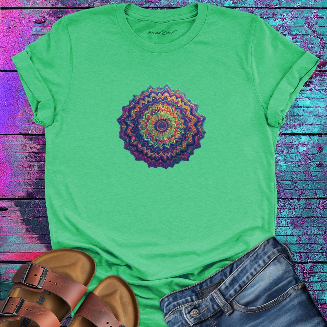 Vibrant layered mandala radiating outward in warm sunset tones green t-shirt for energy radiation core pulse spiritual generation