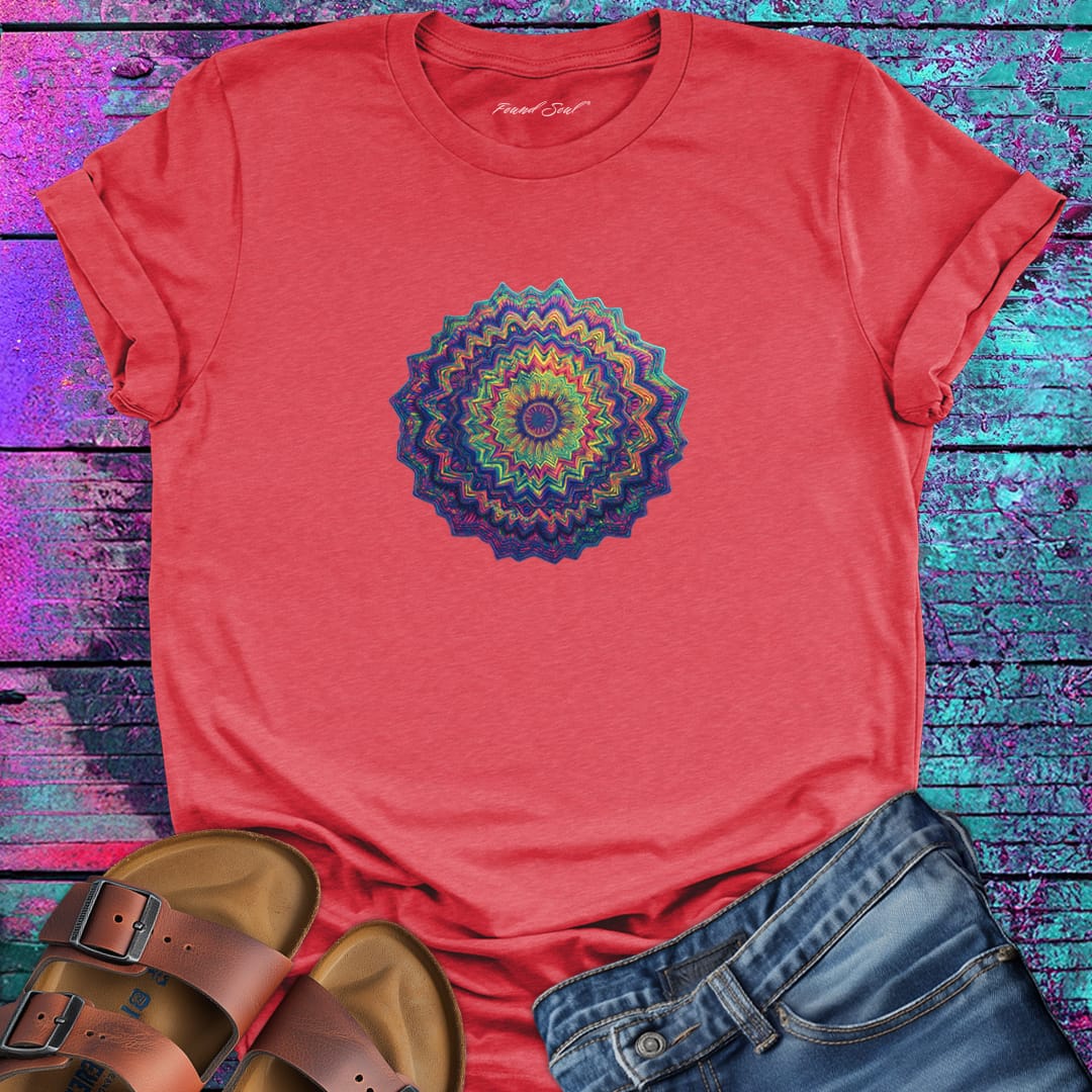 Vibrant layered mandala radiating outward in warm sunset tones red t-shirt for energy radiation core pulse spiritual generation