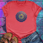 Vibrant layered mandala radiating outward in warm sunset tones red t-shirt for energy radiation core pulse spiritual generation