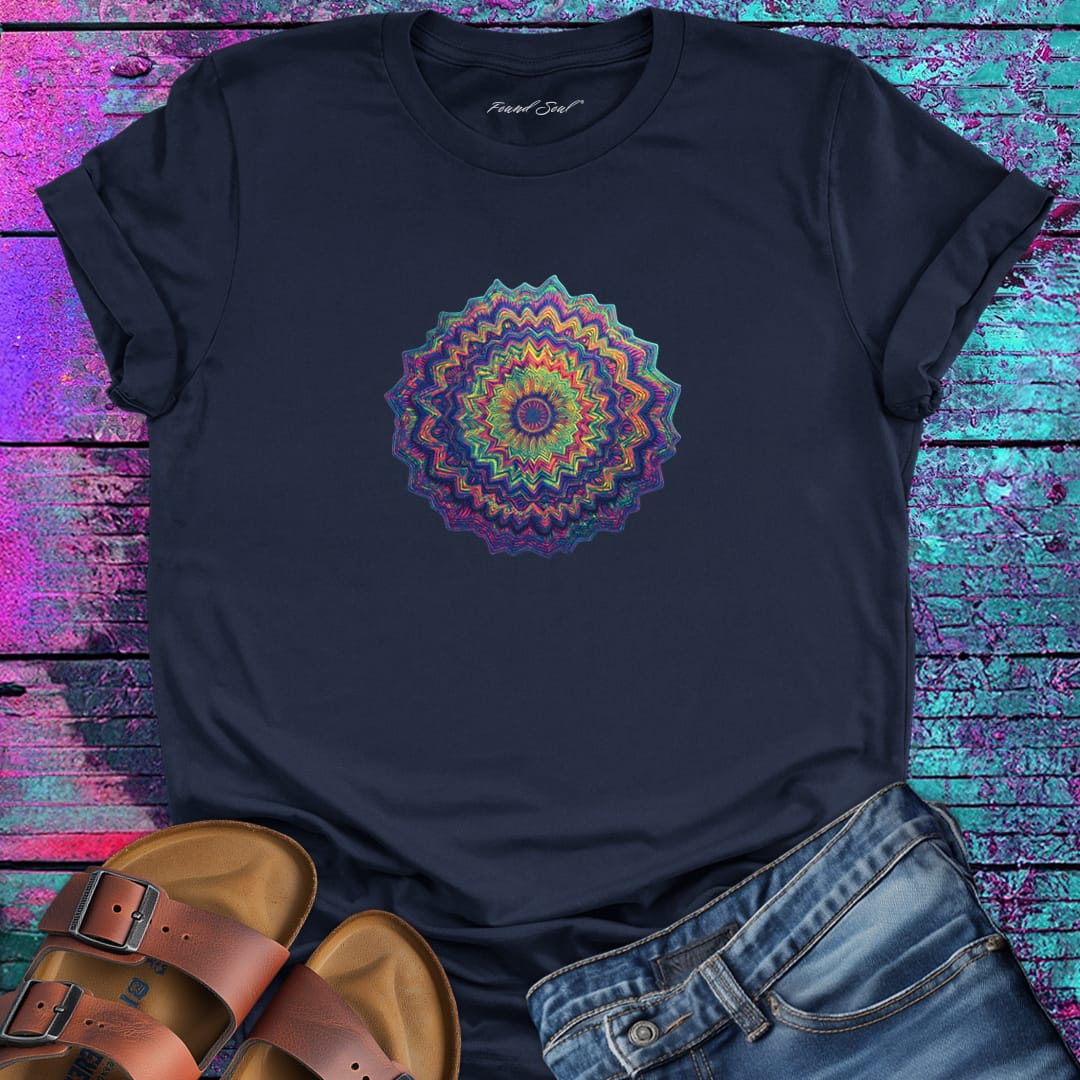 Vibrant layered mandala radiating outward in warm sunset tones navy t-shirt for energy radiation core pulse spiritual generation
