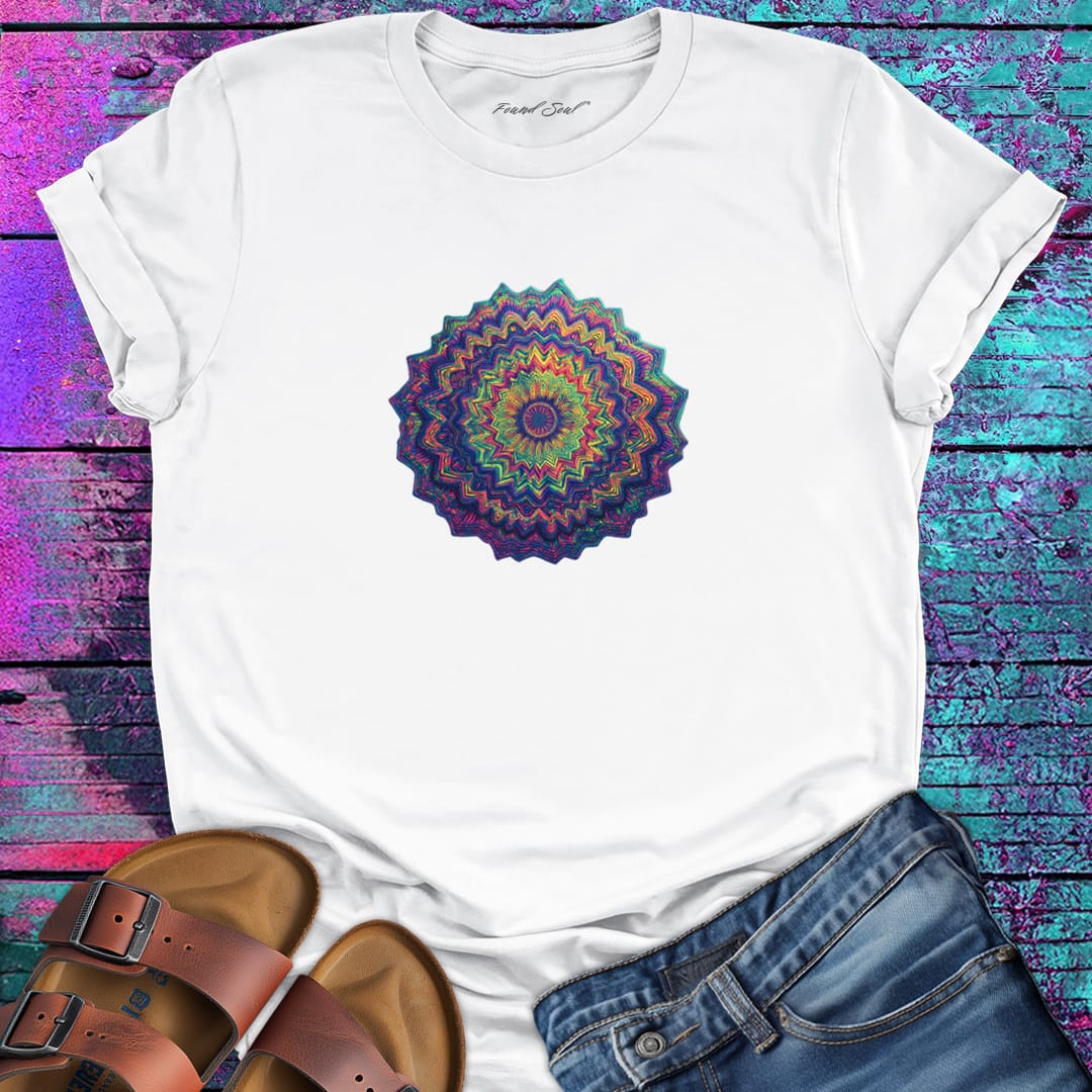Vibrant layered mandala radiating outward in warm sunset tones white t-shirt for energy radiation core pulse spiritual generation
