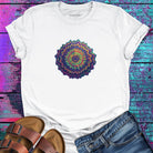 Vibrant layered mandala radiating outward in warm sunset tones white t-shirt for energy radiation core pulse spiritual generation