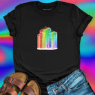 Mushrooms with rainbow gradient drips black t-shirt for nature wisdom and fungi appreciation.
