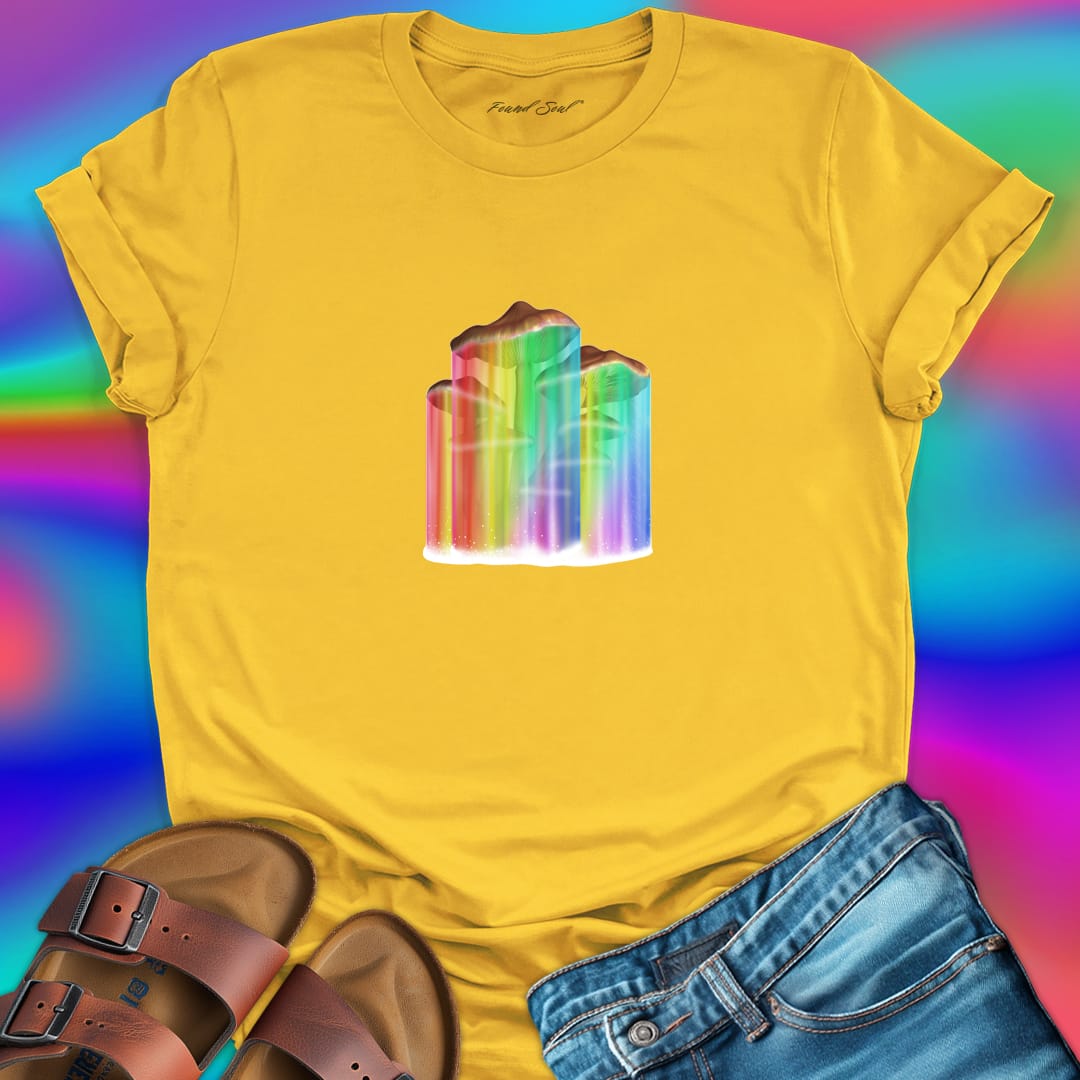 Mushrooms with rainbow gradient drips yellow t-shirt for nature wisdom and fungi appreciation.