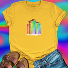 Mushrooms with rainbow gradient drips yellow t-shirt for nature wisdom and fungi appreciation.