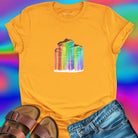 Mushrooms with rainbow gradient drips gold t-shirt for nature wisdom and fungi appreciation.