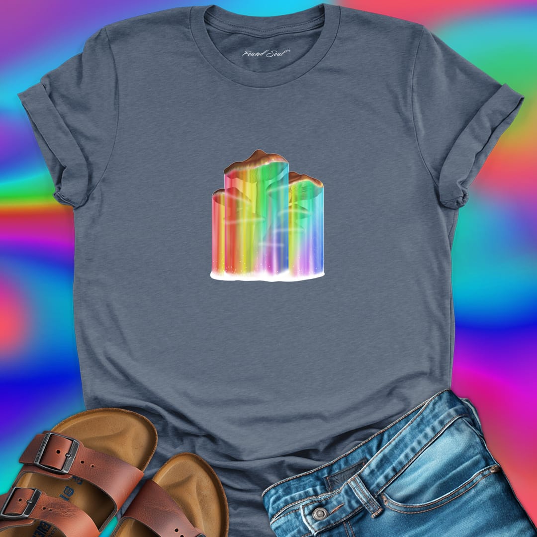 Mushrooms with rainbow gradient drips grey t-shirt for nature wisdom and fungi appreciation.
