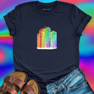 Mushrooms with rainbow gradient drips navy t-shirt for nature wisdom and fungi appreciation.