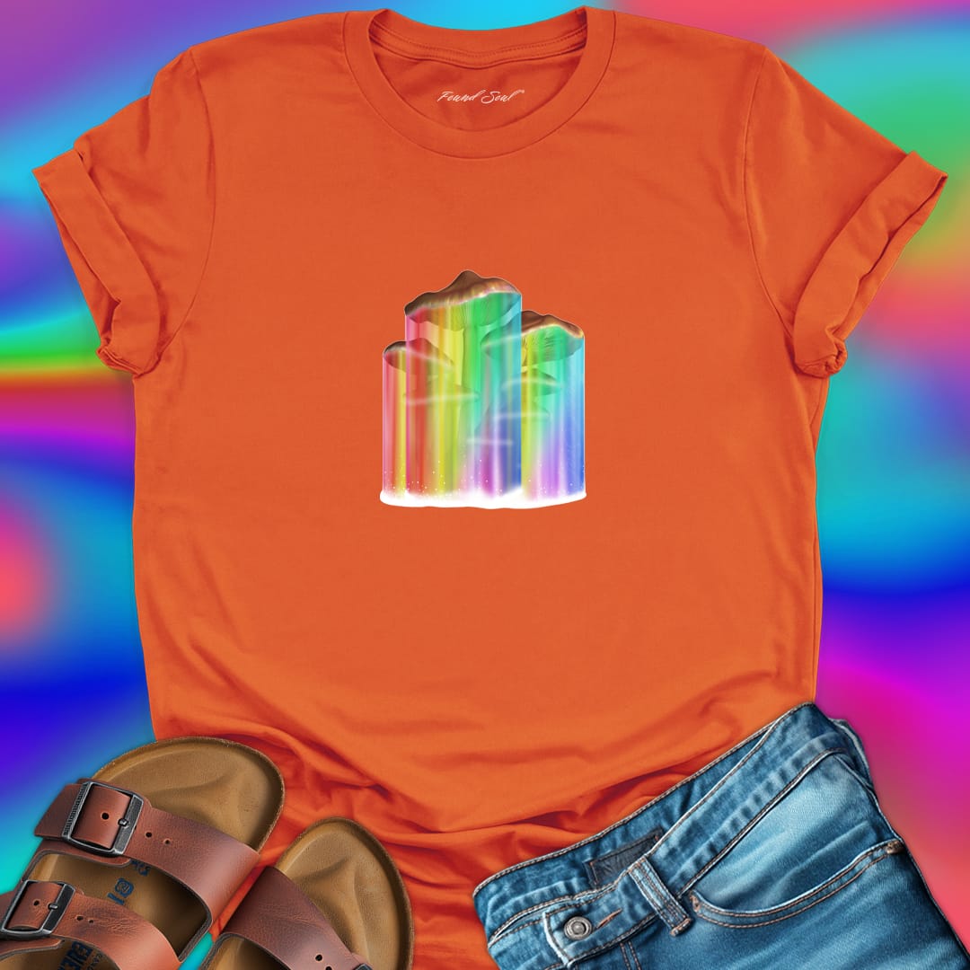Mushrooms with rainbow gradient drips orange t-shirt for nature wisdom and fungi appreciation.