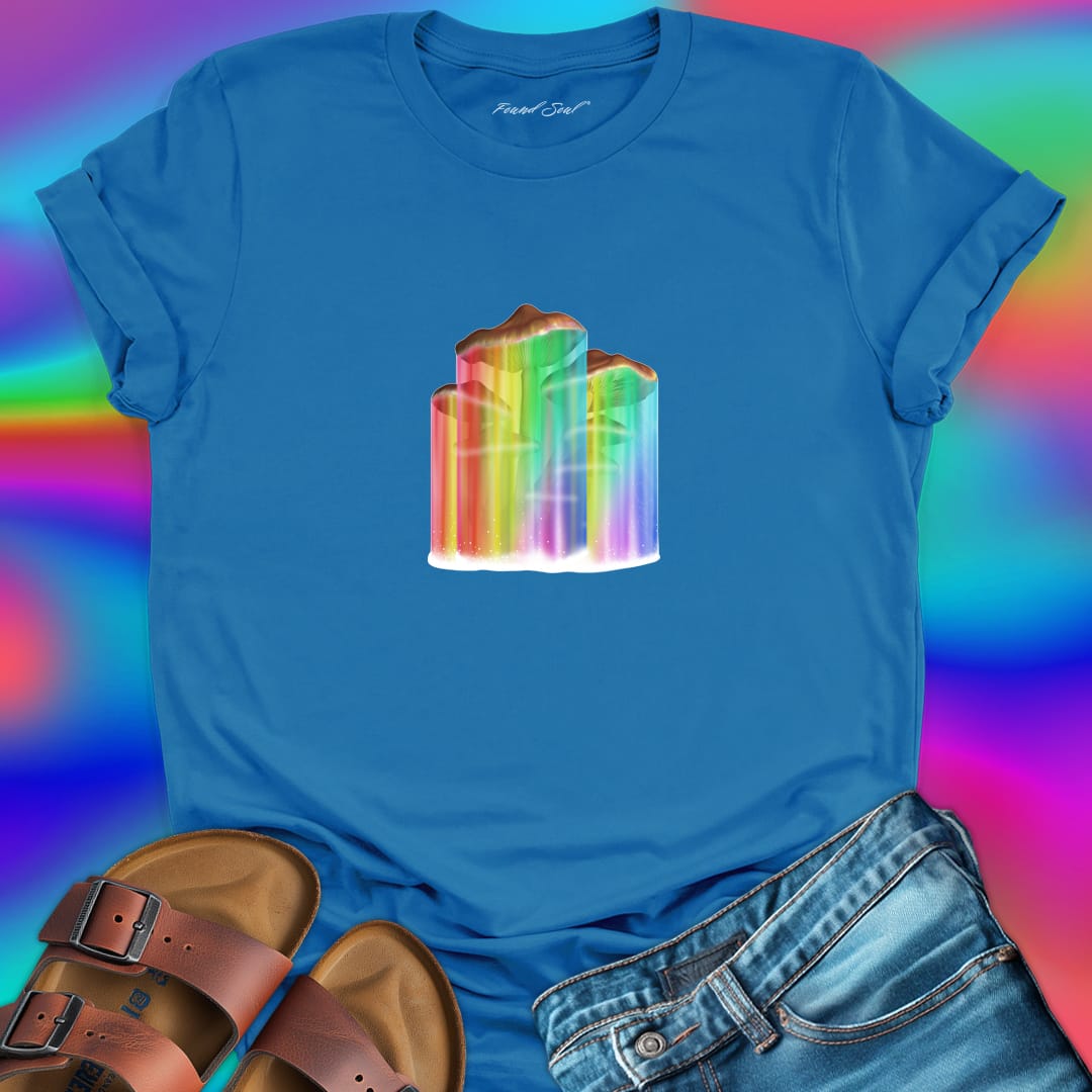 Mushrooms with rainbow gradient drips blue t-shirt for nature wisdom and fungi appreciation.