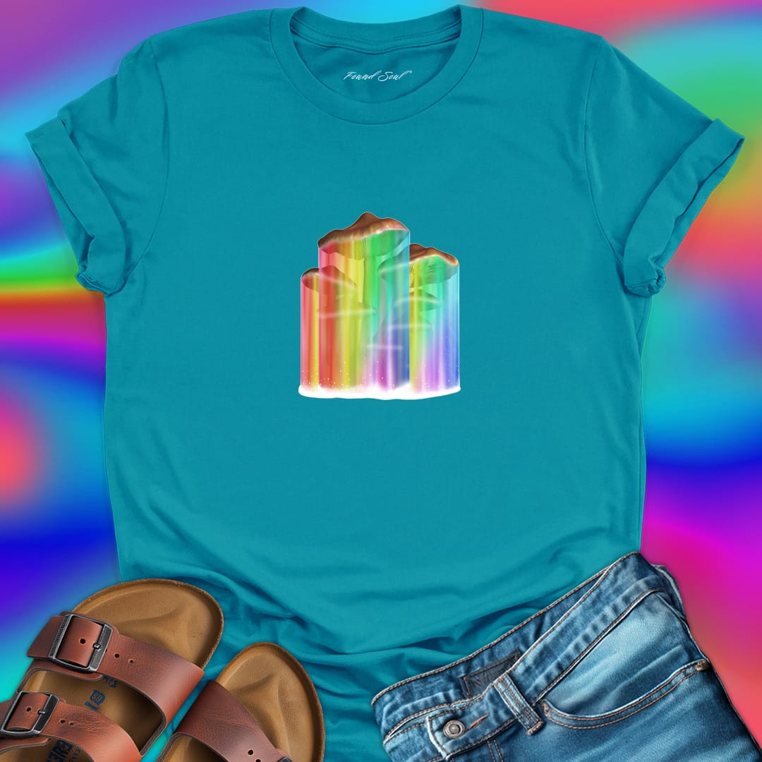 Mushrooms with rainbow gradient drips turquoise t-shirt for nature wisdom and fungi appreciation.