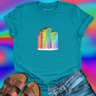 Mushrooms with rainbow gradient drips turquoise t-shirt for nature wisdom and fungi appreciation.