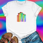 Mushrooms with rainbow gradient drips white t-shirt for nature wisdom and fungi appreciation.