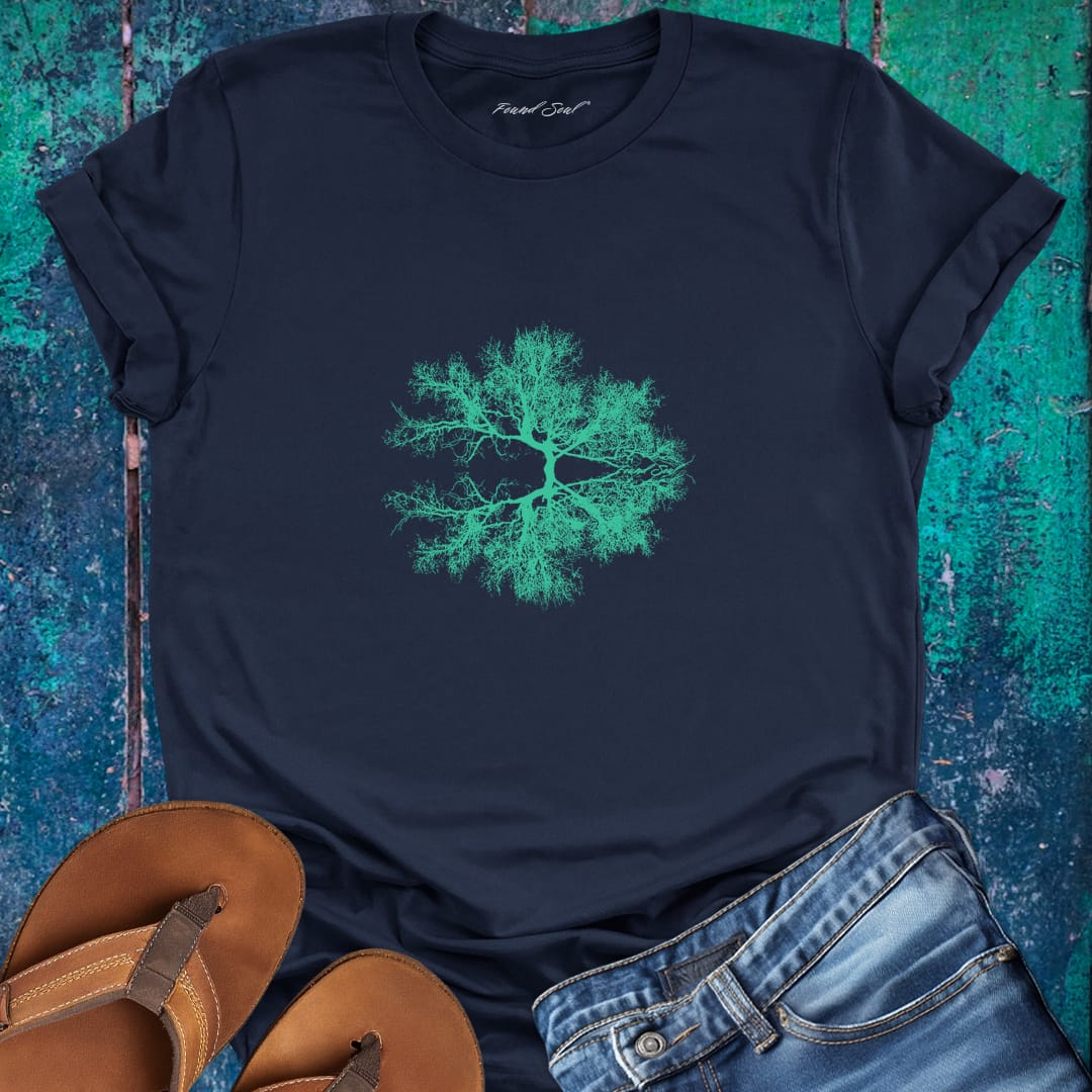 Tree mirrored perfectly navy t-shirt for reflection symmetry stillness tree wisdom spiritual balance wholeness 