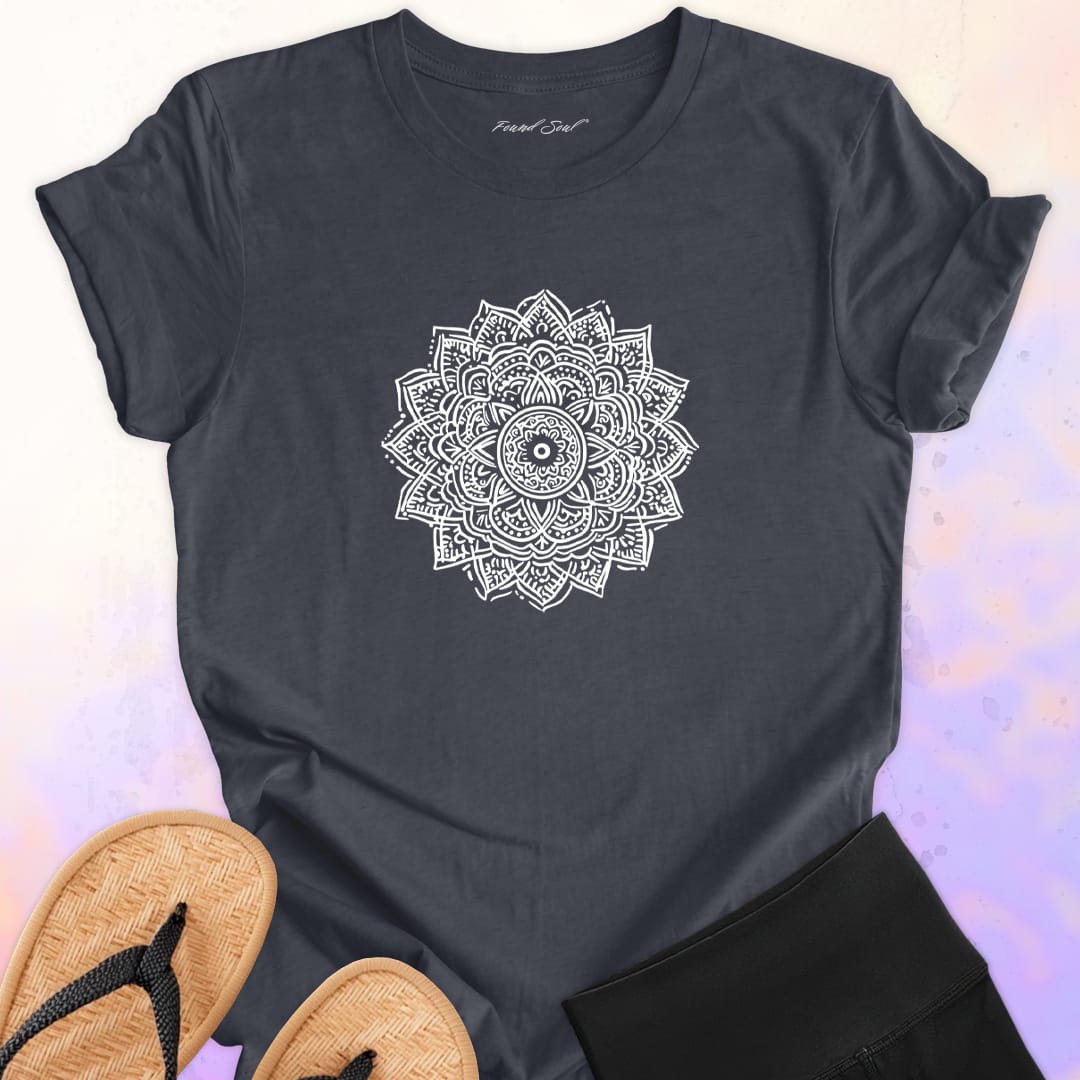 Mandala with delicate petal symmetry on dark grey t-shirt for meditation consciousness expansion sacred geometry