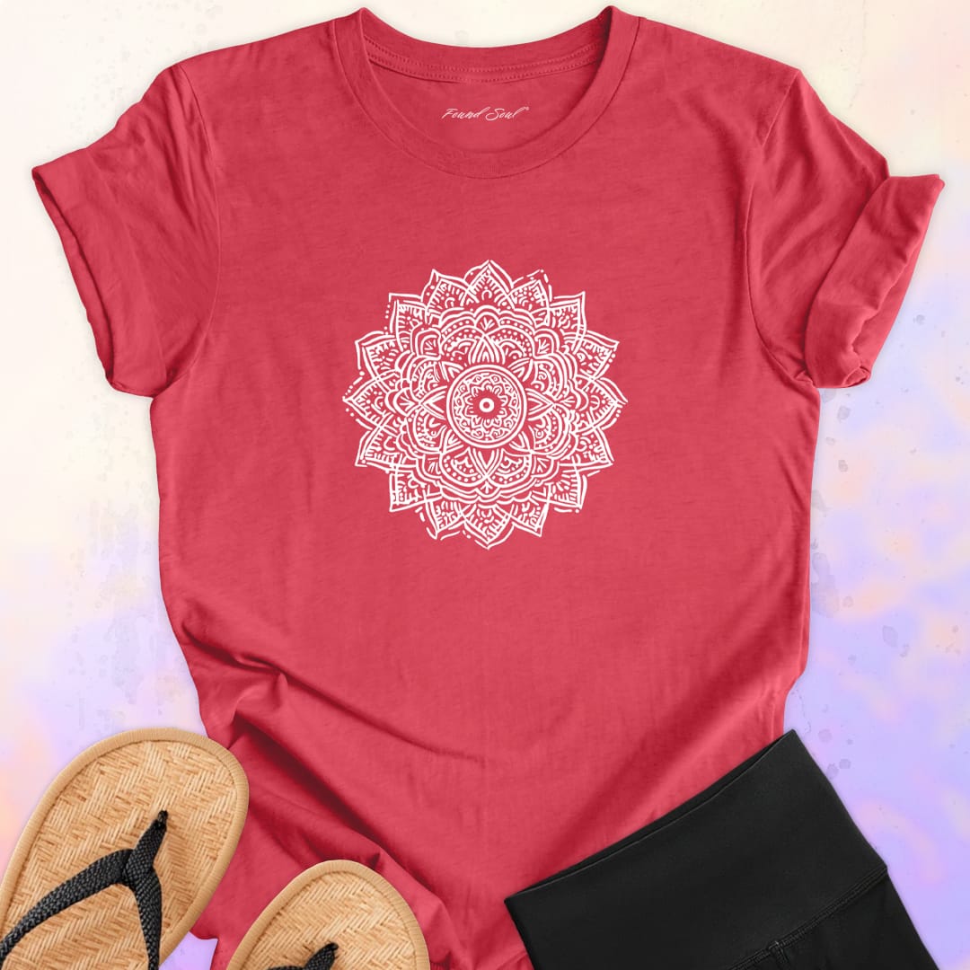 Mandala with delicate petal symmetry on red t-shirt for meditation consciousness expansion sacred geometry