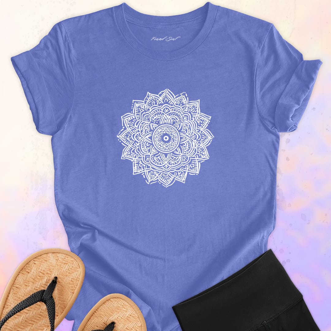 Mandala with delicate petal symmetry on purple t-shirt for meditation consciousness expansion sacred geometry