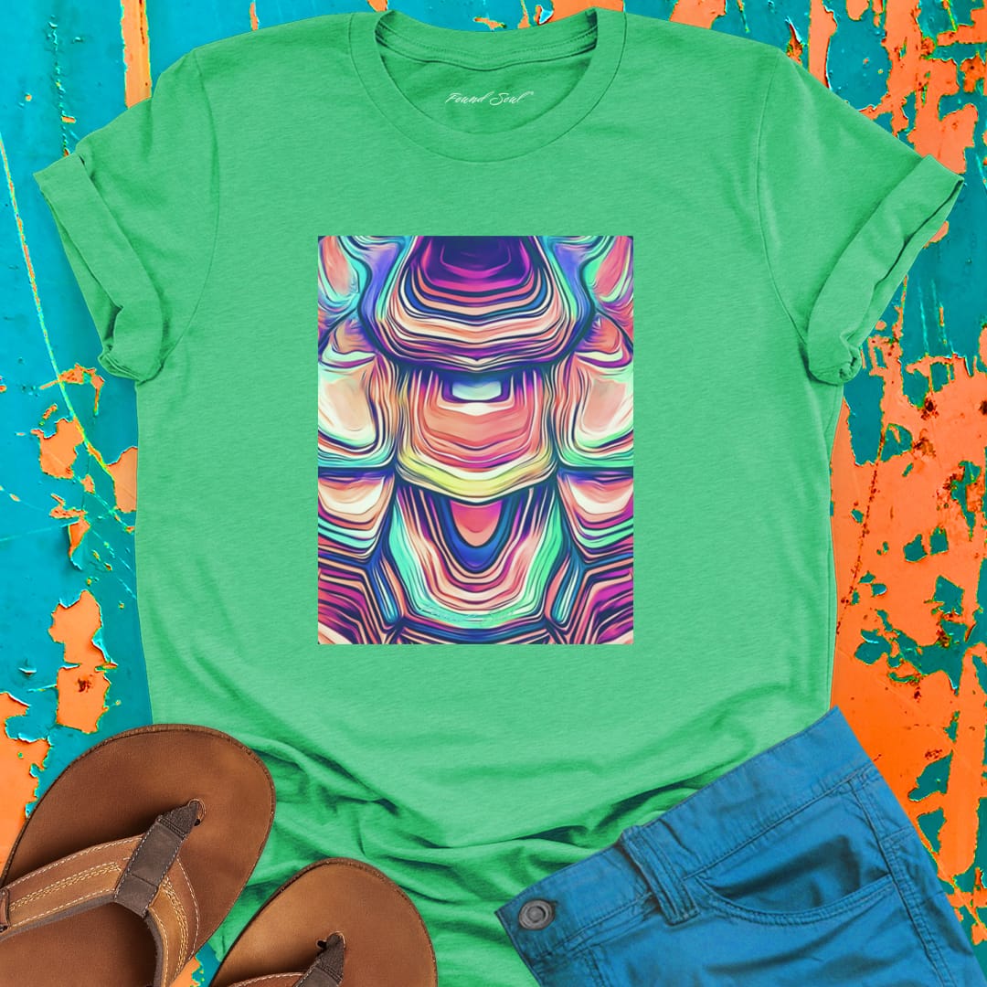 Shell pattern in vibrant gradient tones green t-shirt for turtle wisdom time marking sacred protection spiritual softness