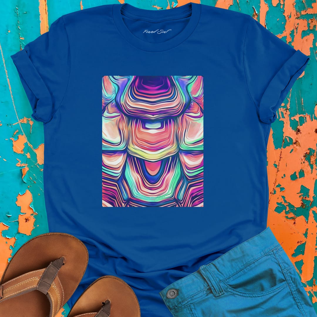 Shell pattern in vibrant gradient tones blue t-shirt for turtle wisdom time marking sacred protection spiritual softness