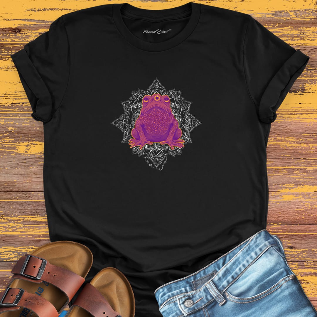 Vibrant purple toad centered in ornate mandala on black t-shirt for threshold wisdom ancient medicine toad perception spiritual teacher
