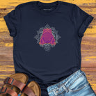Vibrant purple toad centered in ornate mandala on navy t-shirt for threshold wisdom ancient medicine toad perception spiritual teacher
