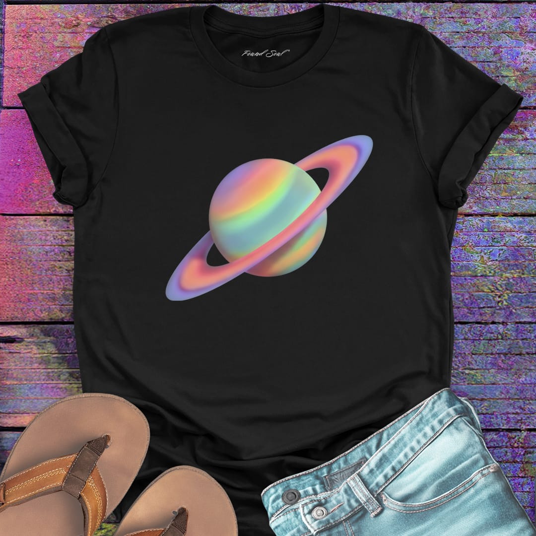 Colorful painted Saturn with rings black t-shirt for cosmic patience and blooming.