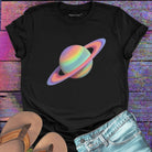Colorful painted Saturn with rings black t-shirt for cosmic patience and blooming.
