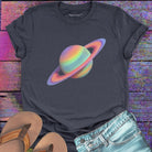 Colorful painted Saturn with rings grey t-shirt for cosmic patience and blooming.
