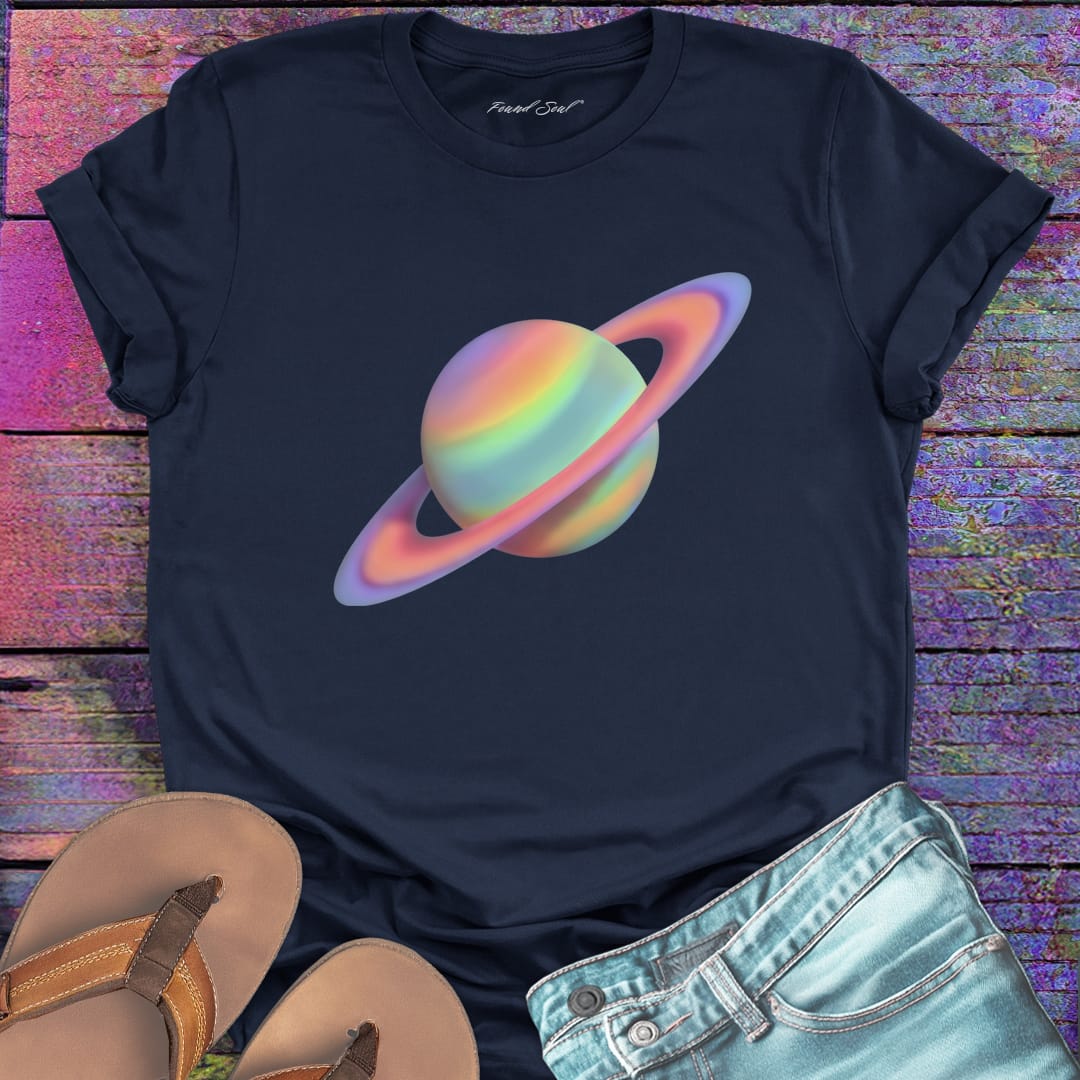 Colorful painted Saturn with rings navy t-shirt for cosmic patience and blooming.