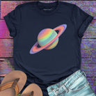 Colorful painted Saturn with rings navy t-shirt for cosmic patience and blooming.