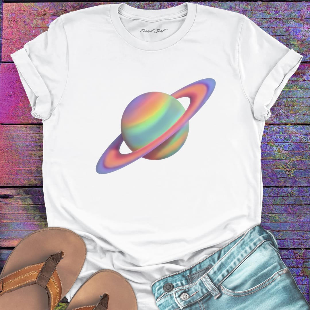 Colorful painted Saturn with rings white t-shirt for cosmic patience and blooming.
