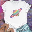 Colorful painted Saturn with rings white t-shirt for cosmic patience and blooming.