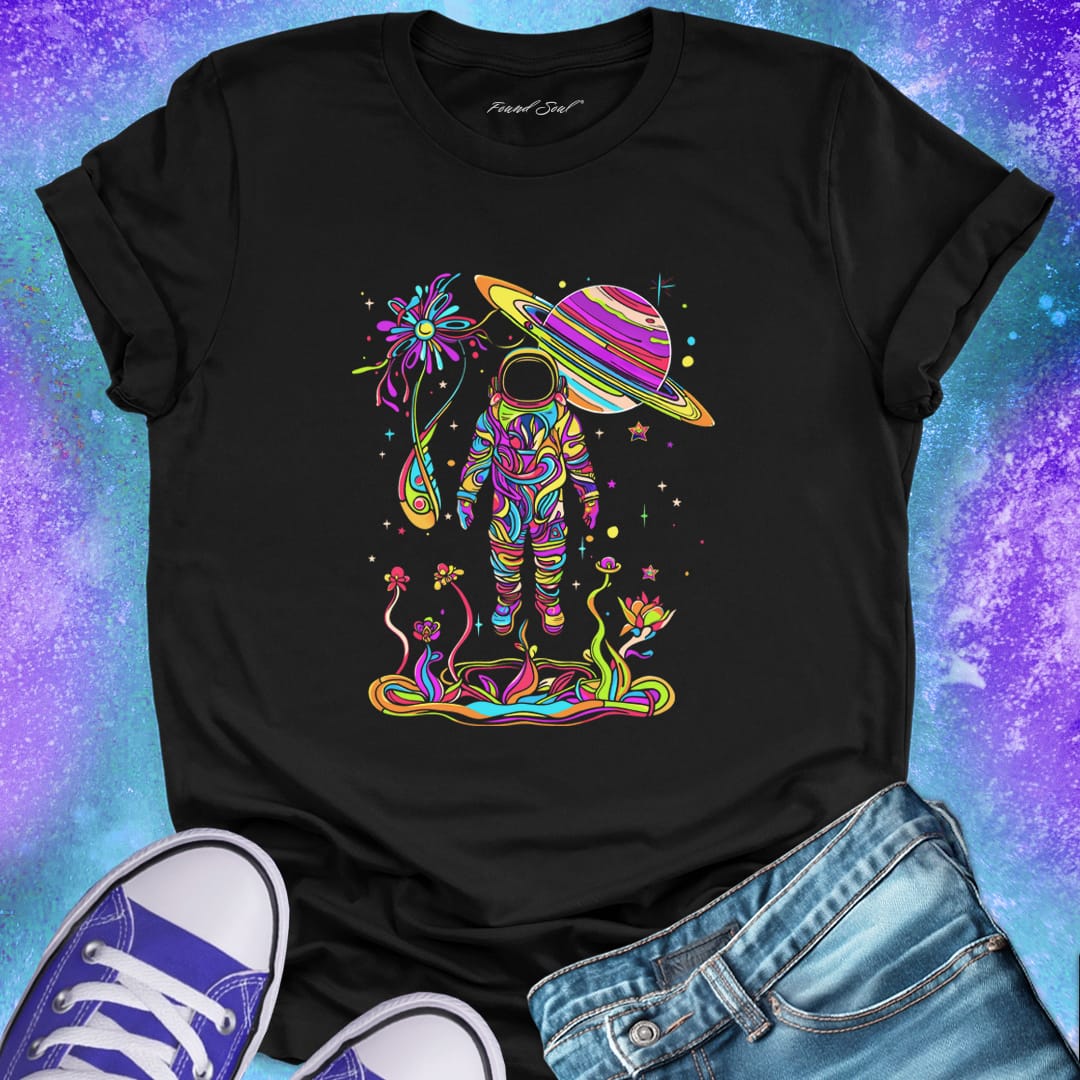 Astronaut in vibrant rainbow garden with Saturn planet above on black t-shirt for cosmic nature mysticism.