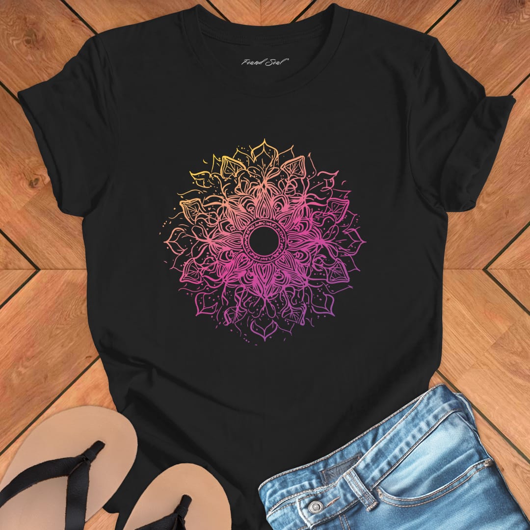 Cosmic mandala starburst radiating galactic energy on black t-shirt for solstice cosmic geometry sacred pattern