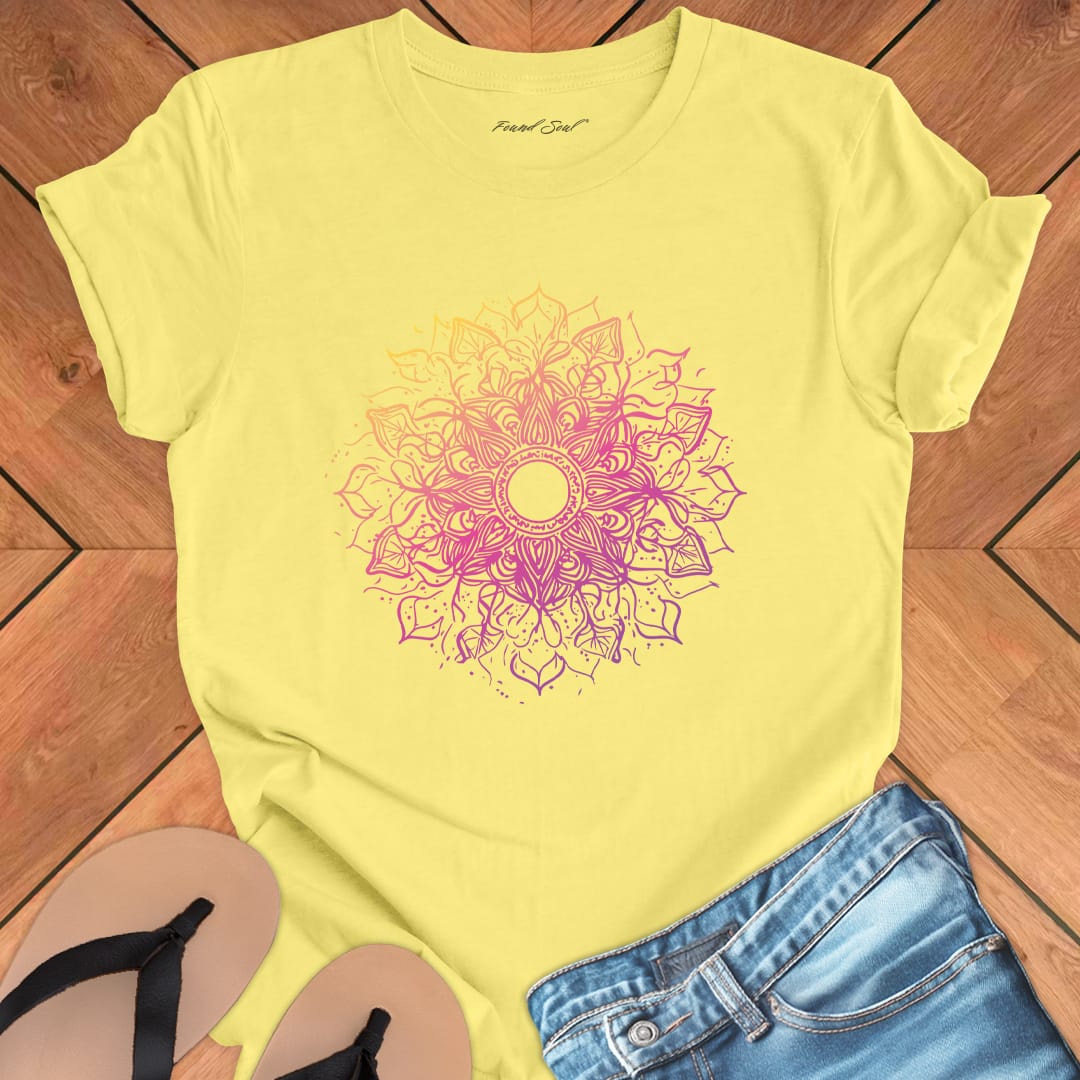 Cosmic mandala starburst radiating galactic energy on yellow t-shirt for solstice cosmic geometry sacred pattern