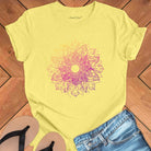 Cosmic mandala starburst radiating galactic energy on yellow t-shirt for solstice cosmic geometry sacred pattern