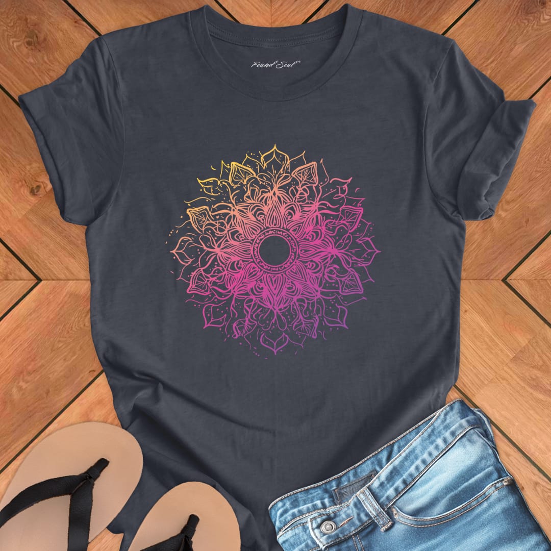 Cosmic mandala starburst radiating galactic energy on grey t-shirt for solstice cosmic geometry sacred pattern