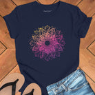 Cosmic mandala starburst radiating galactic energy on navy t-shirt for solstice cosmic geometry sacred pattern