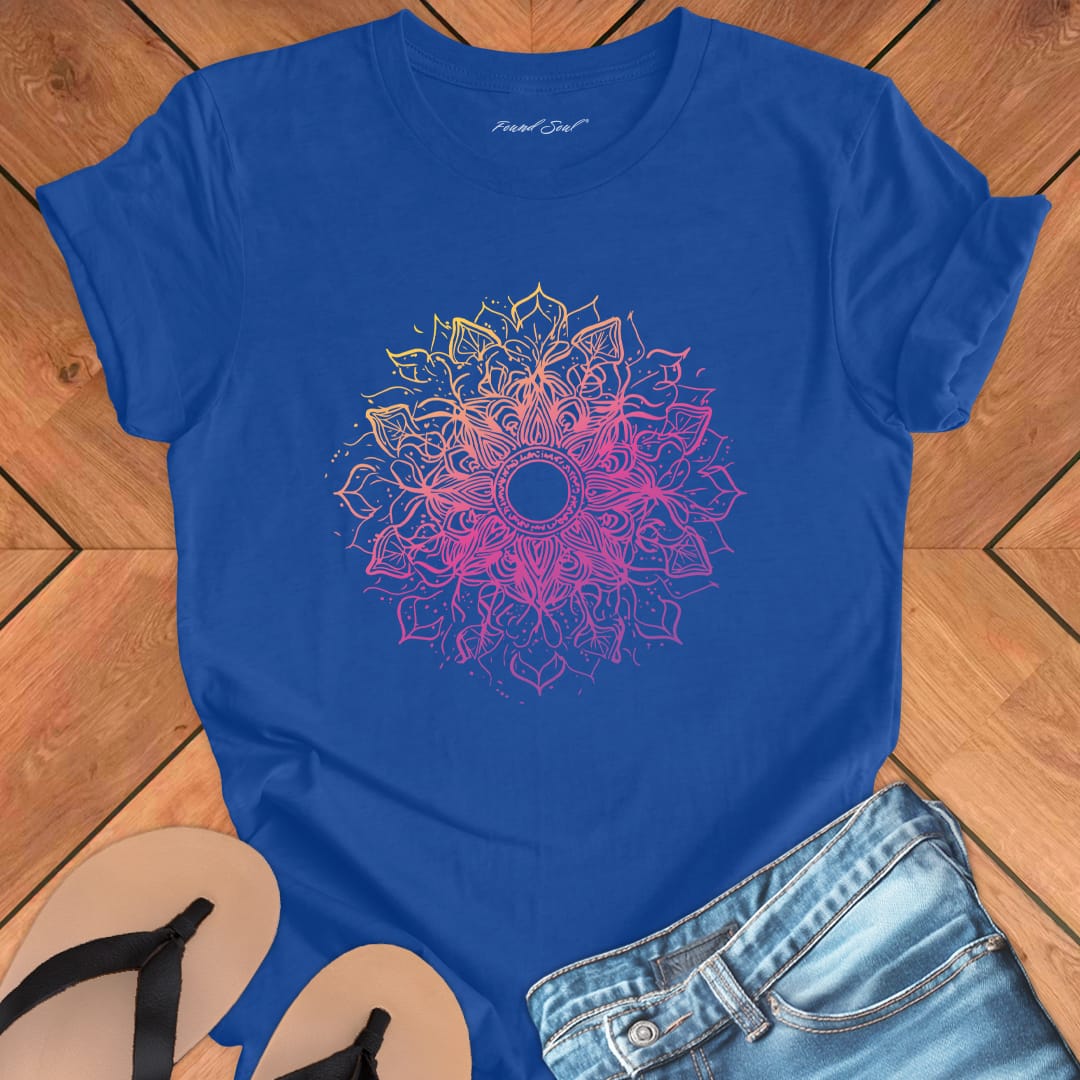 Cosmic mandala starburst radiating galactic energy on blue t-shirt for solstice cosmic geometry sacred pattern