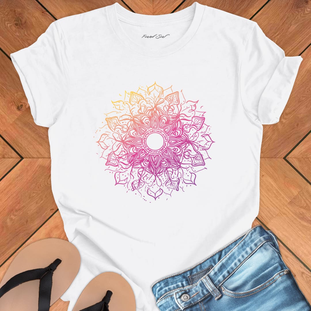 Cosmic mandala starburst radiating galactic energy on white t-shirt for solstice cosmic geometry sacred pattern