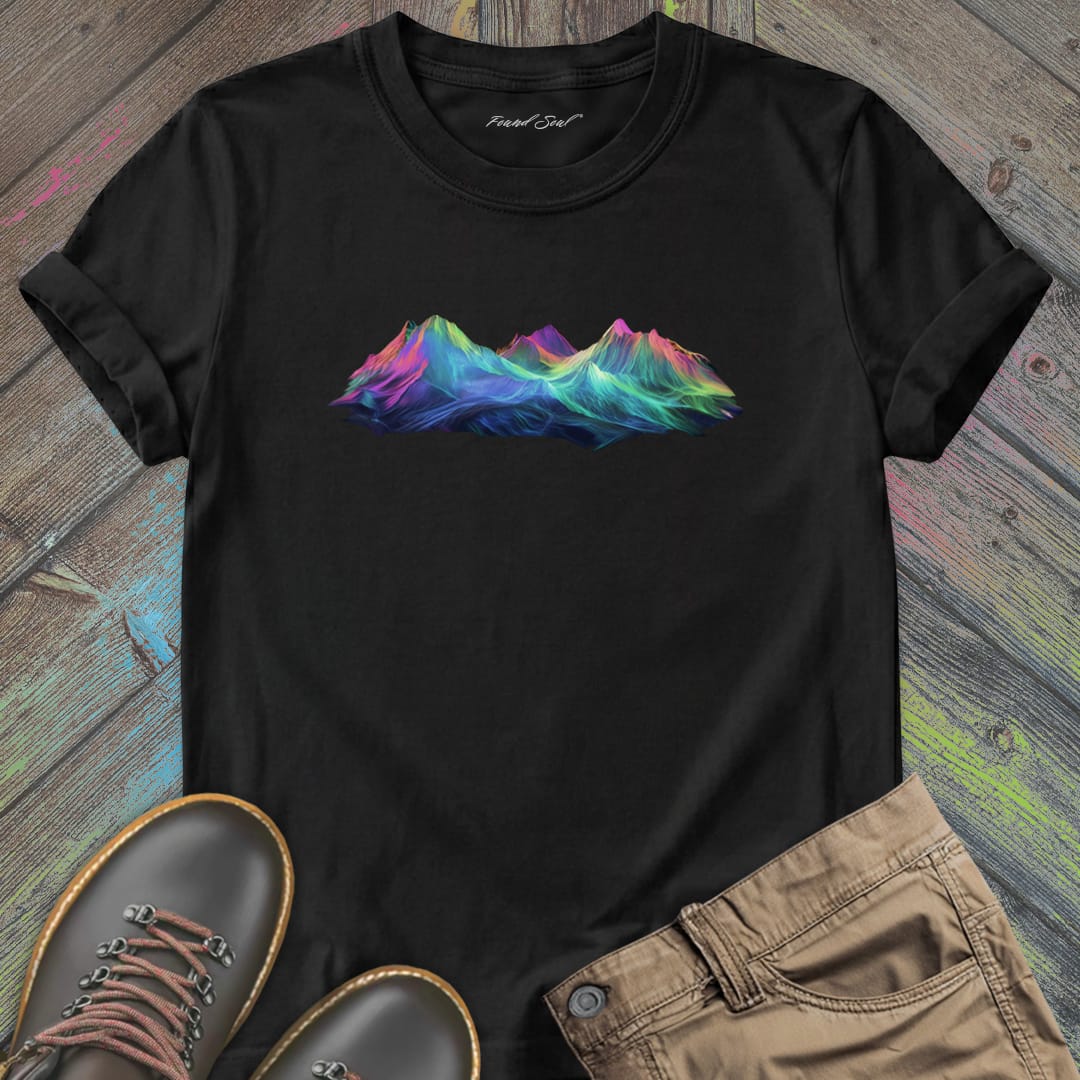 Spectrum summit rainbow mountain peak black t-shirt for climbers. Celebrating elevation as vision, summits holding all colors, and rising to see more.